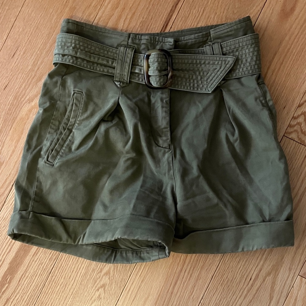 Sezane Olive Green High-Waist Belted Shorts